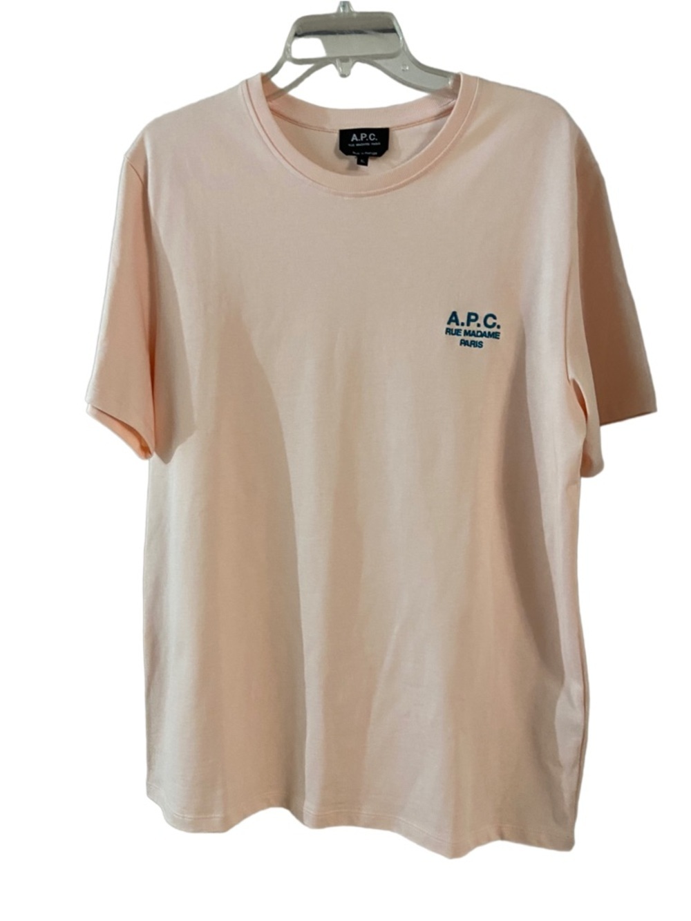 A.P.C. Short-Sleeve Crewneck T-Shirt in Pale Peach / Pink with Small Blue Logo - Picture 5 of 9